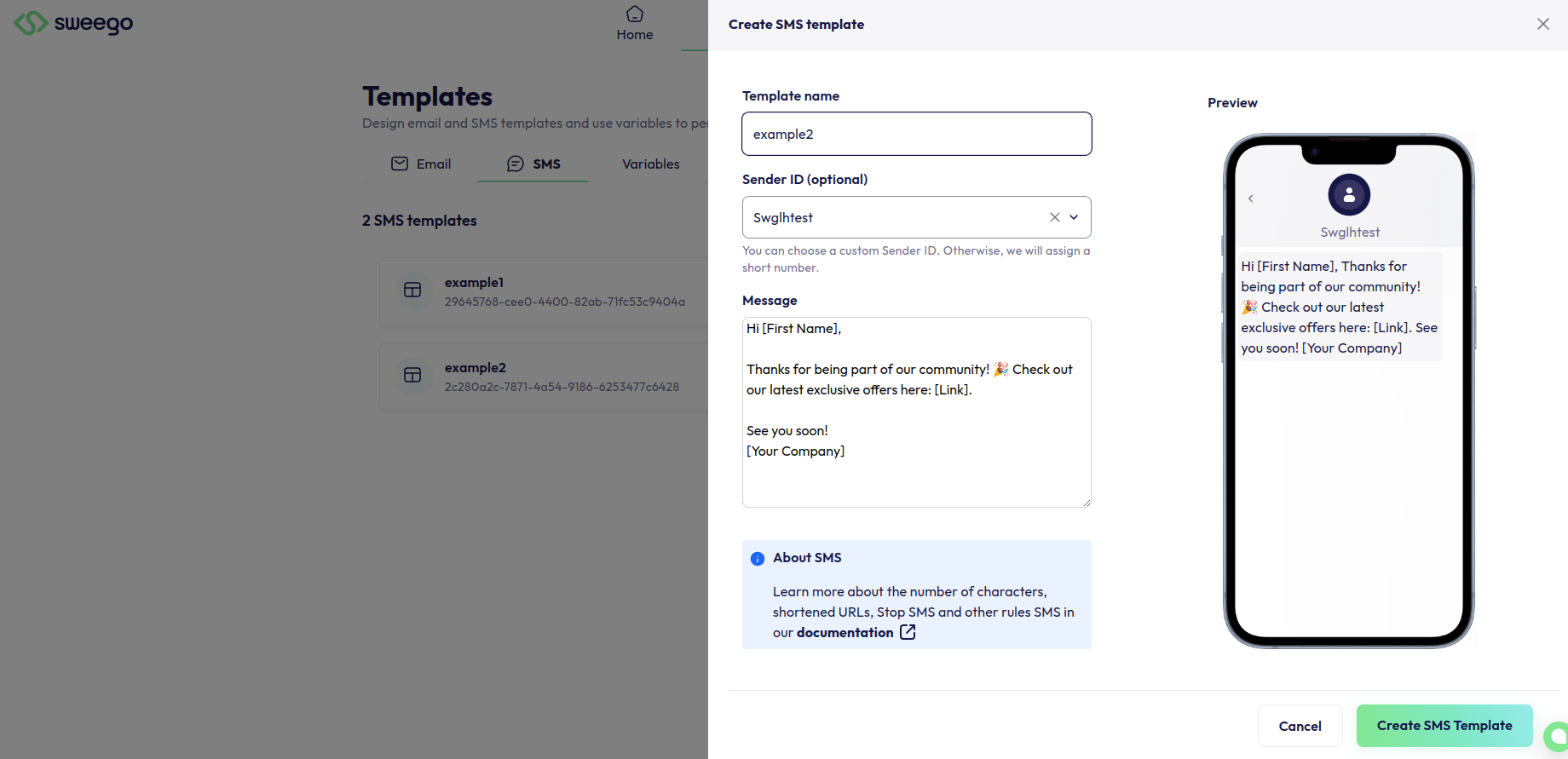 Sweego SMS Template Screen