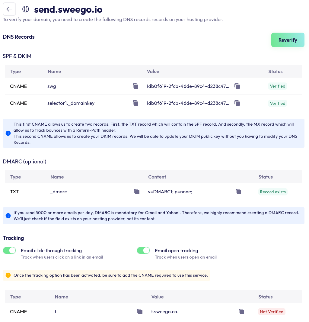 sweego email domain tracking